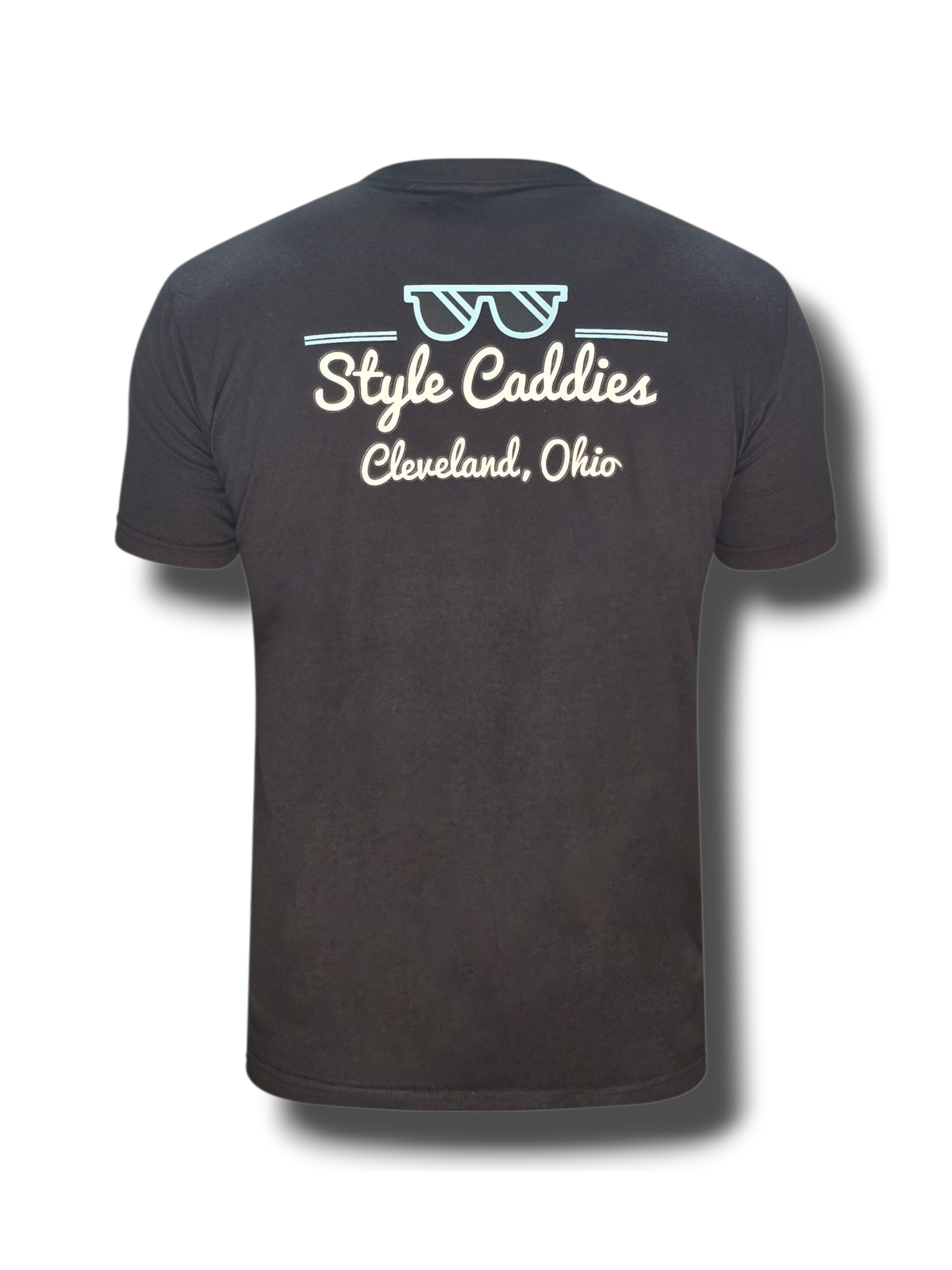 Black CLE golf tee shirt close up logo detail