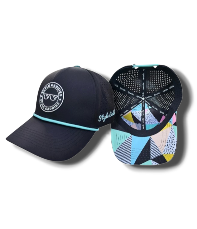 Black and blue Style Caddies golf rope hat shown from front and inside views