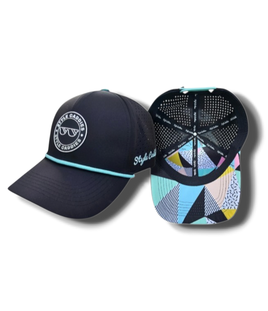 Black and blue Style Caddies golf rope hat shown from front and inside views