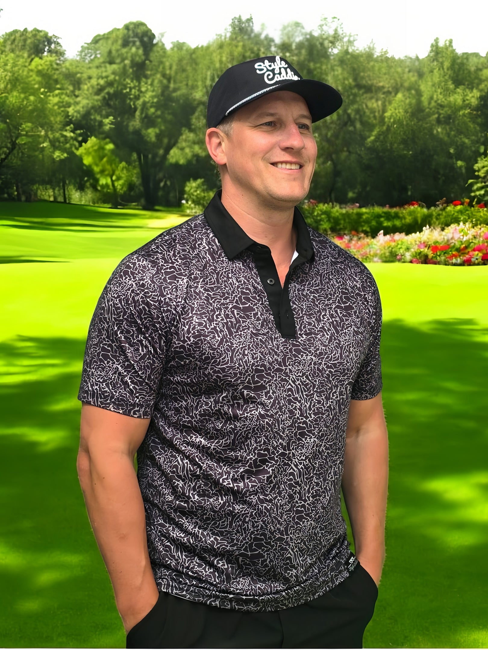 Black nylon rope golf hat worn on golfer