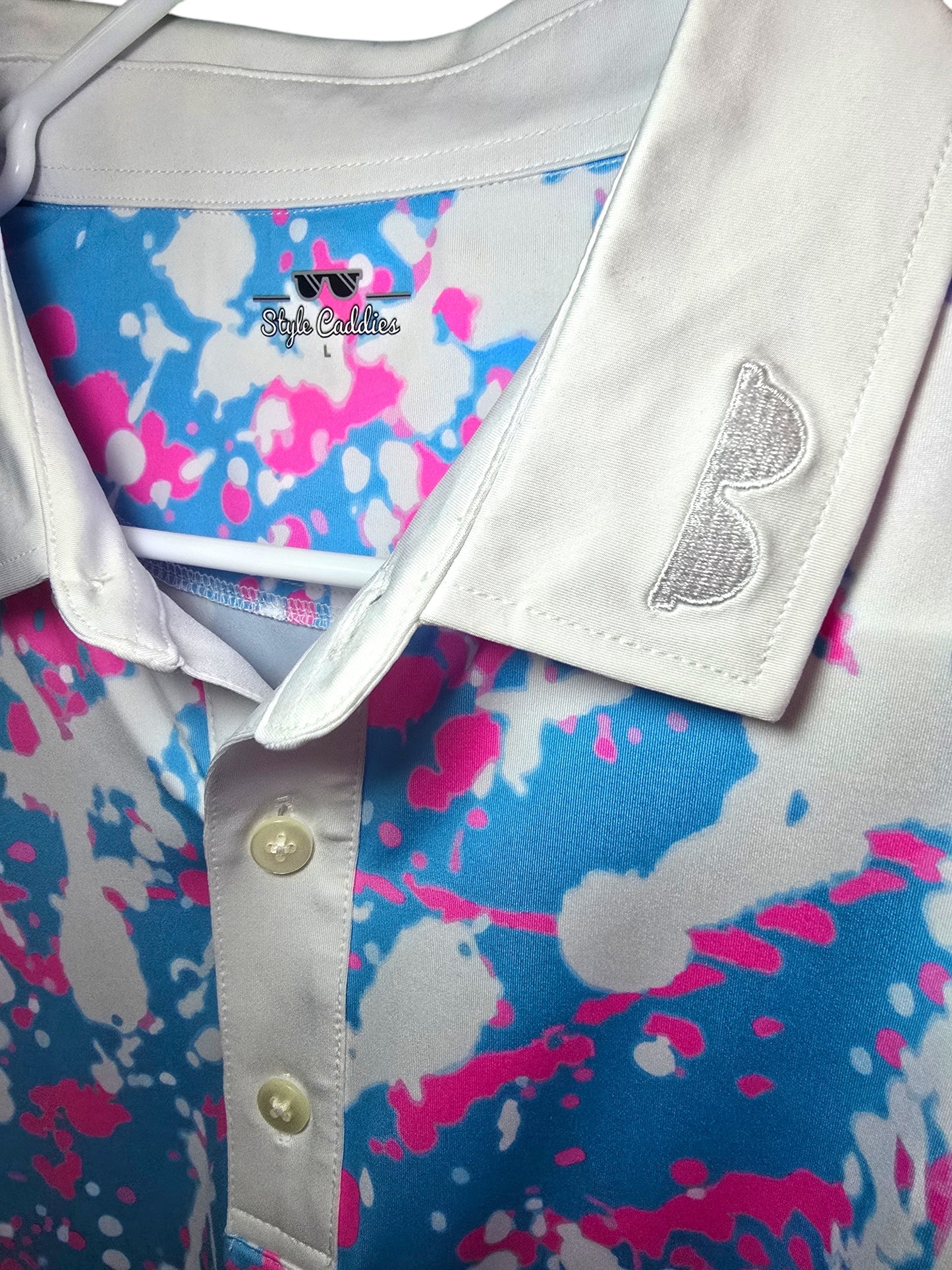 Bubblicious golf polo shirt angle view