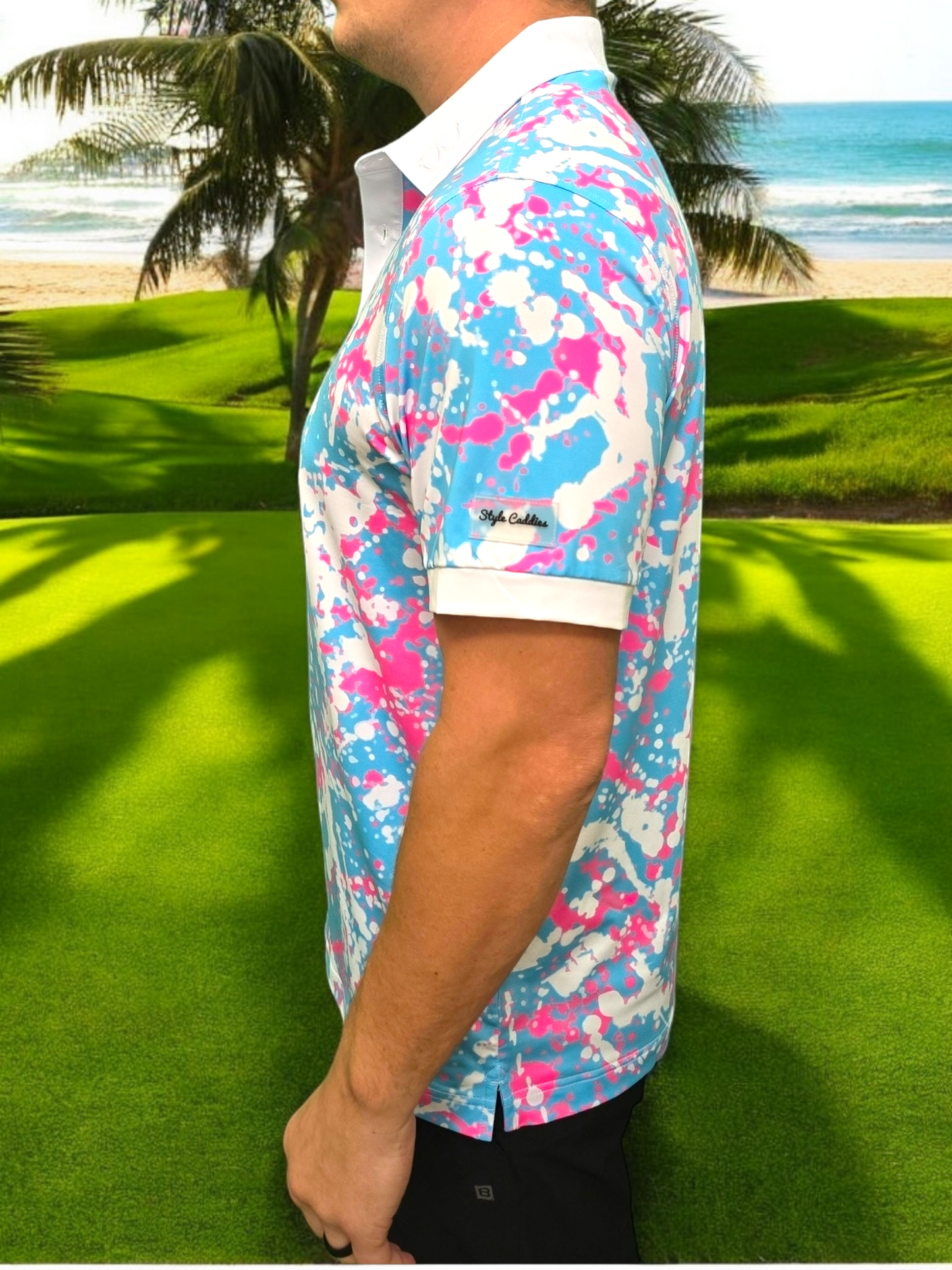 Bubblicious golf shirt on course product view