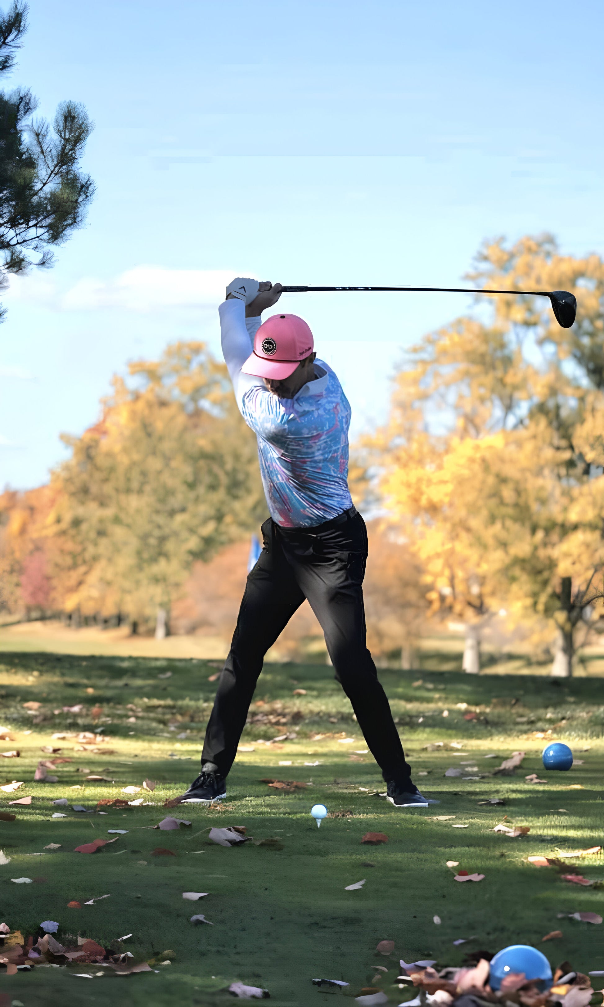 Bubblicious pink blue golf polo worn on course