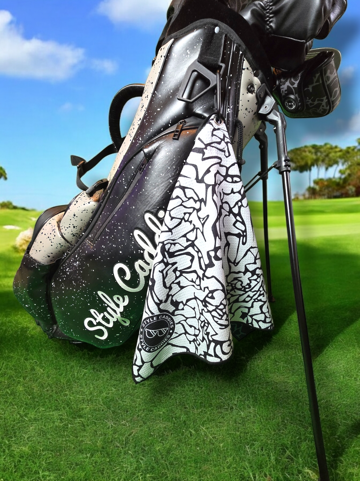 Cement magnetic golf towel hanging on golf bag