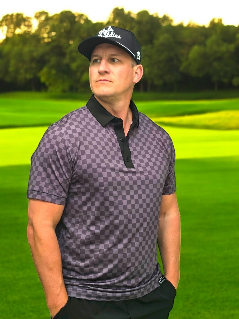 Checkered men's golf polo back view