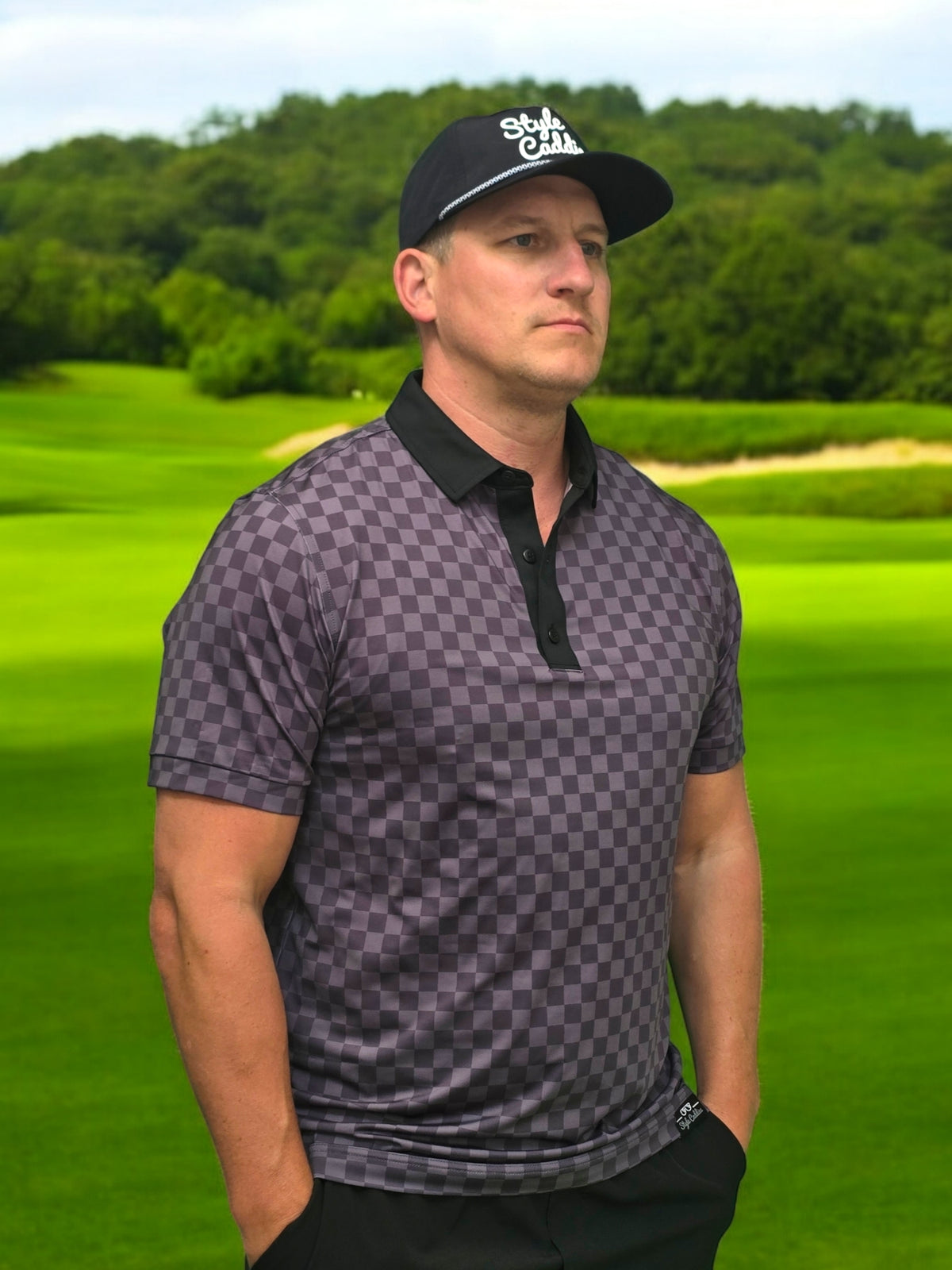 Style Caddies checkered golf polo lifestyle shot