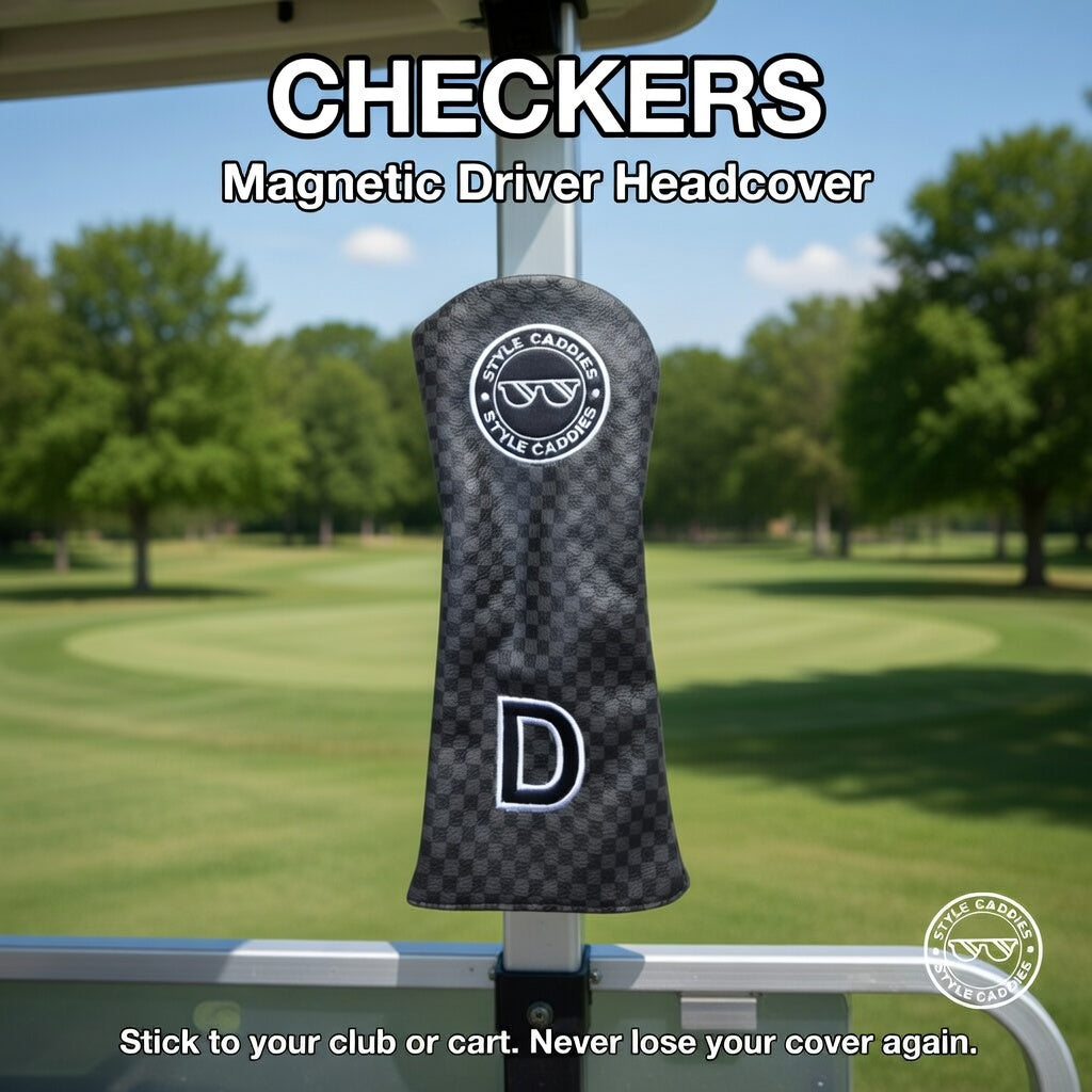 Checkers magnetic driver cover on golf bag