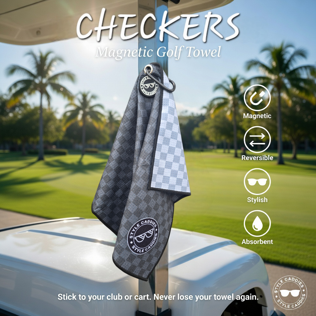 Checkers magnetic golf towel flat lay front