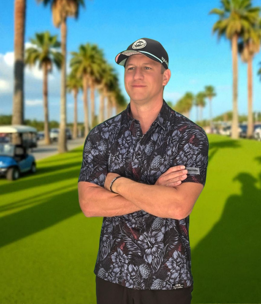 Dark blooms golf polo shirt angle view