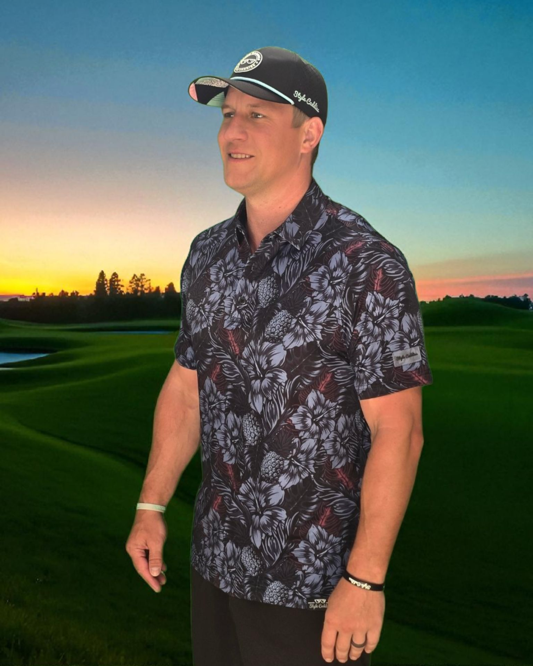 Style Caddies dark floral polo shirt detail