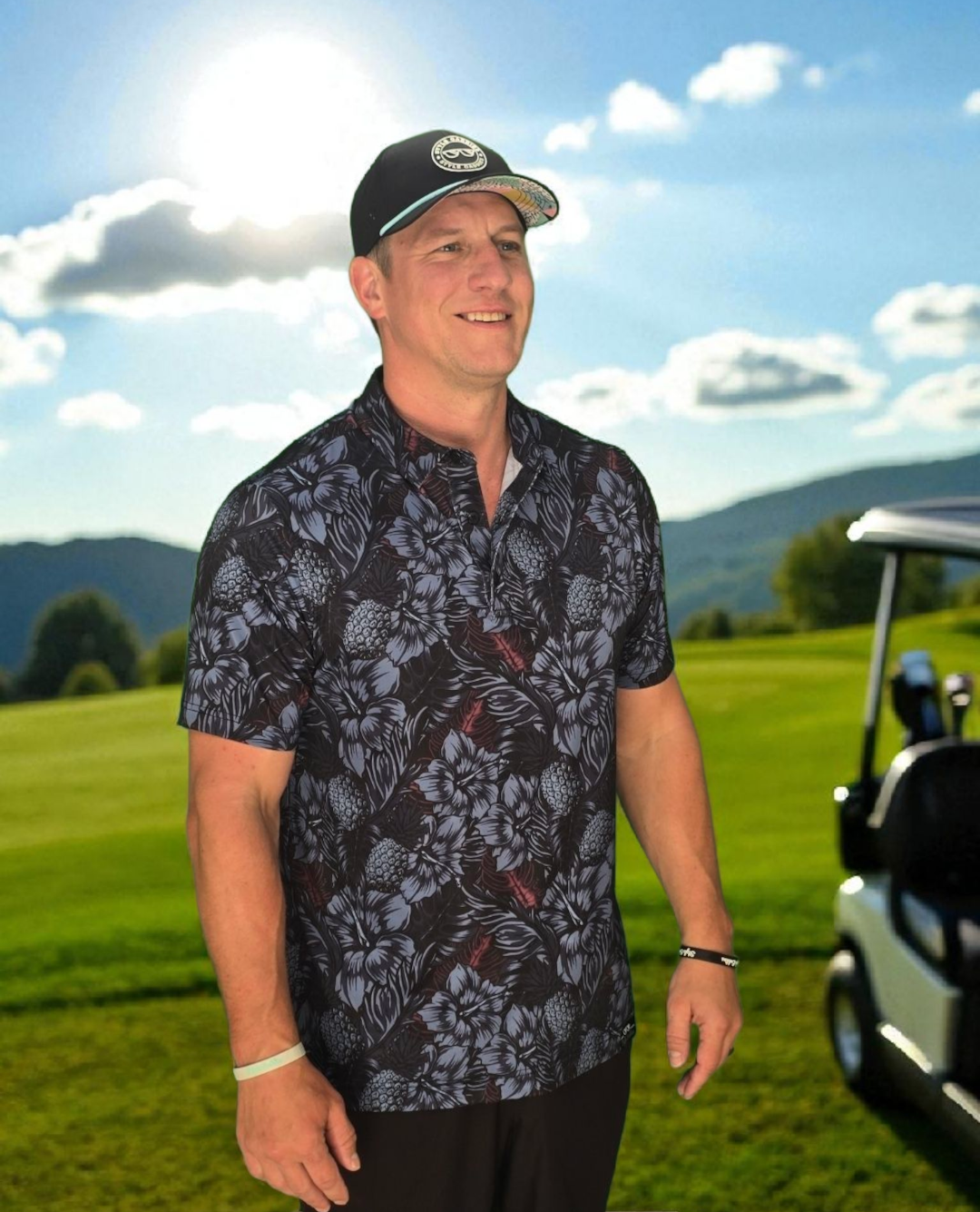 Dark blooms golf shirt on course product view
