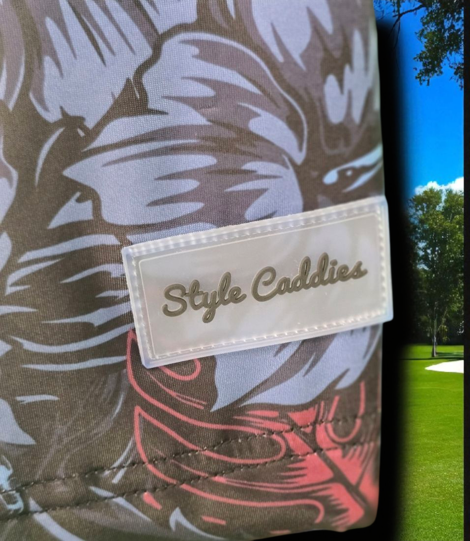 Dark blooms golf polo close up floral pattern detail