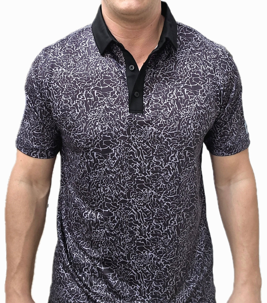 Dark cement performance golf polo shirt back view