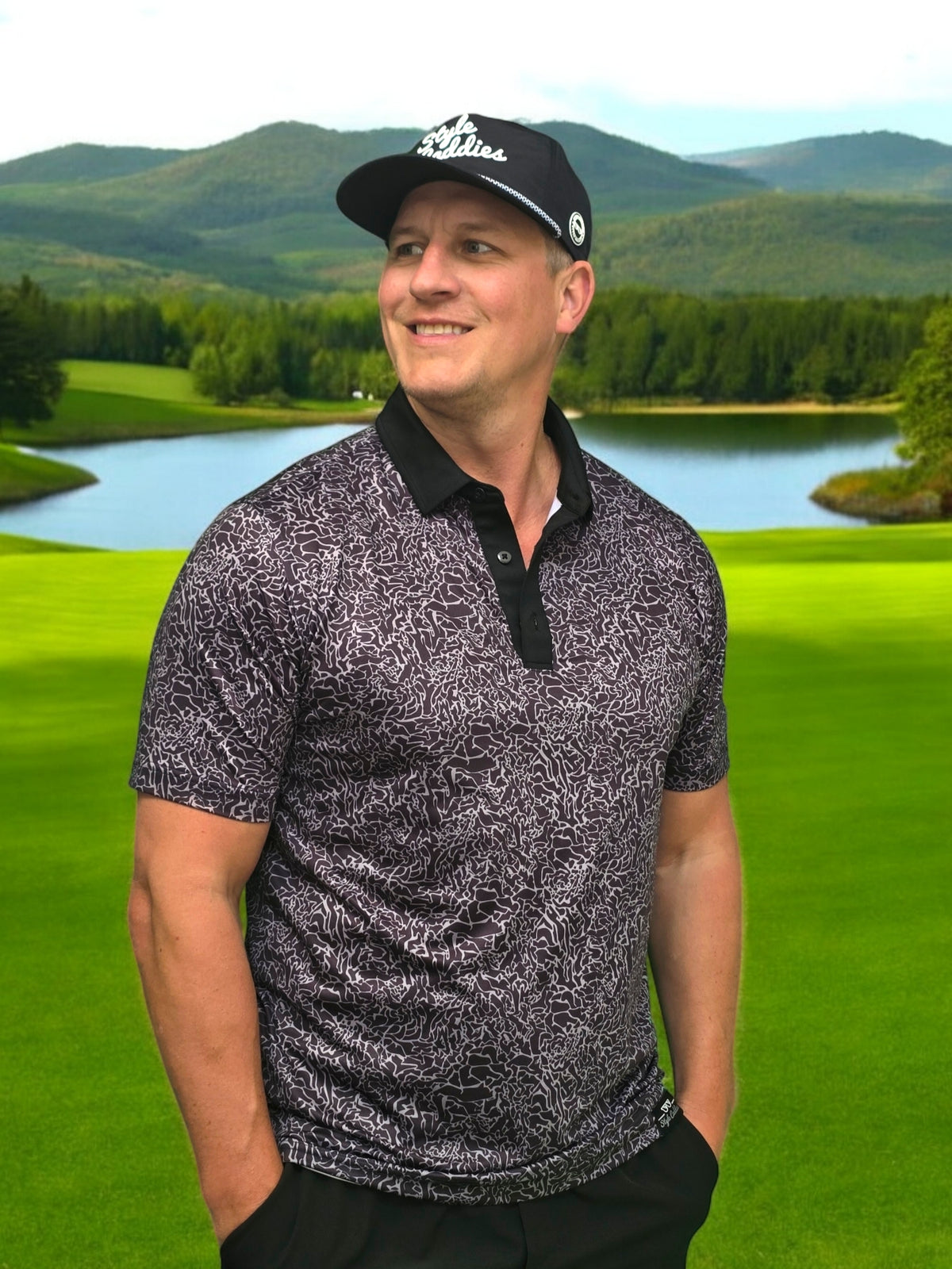 Style Caddies dark cement golf polo lifestyle shot