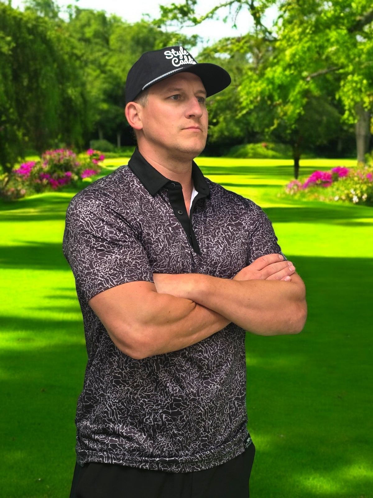 Dark cement golf polo close up pattern detail