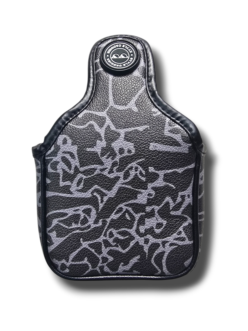 Dark cement mallet putter cover back showing magnet