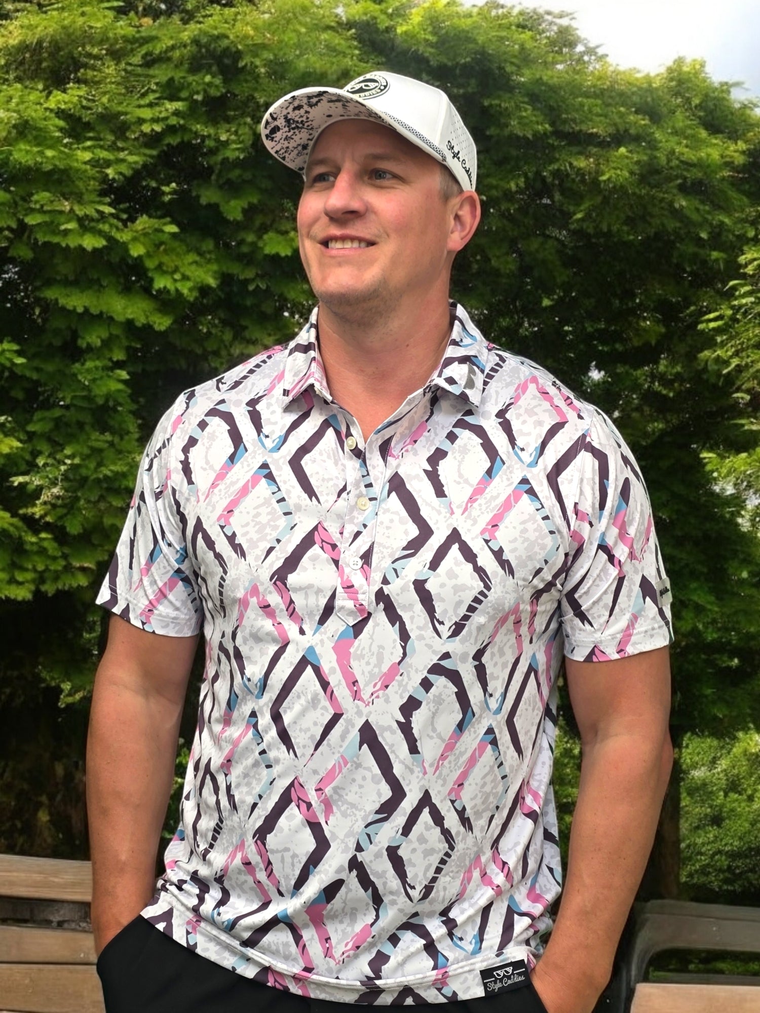 Diamonds men's golf polo back view