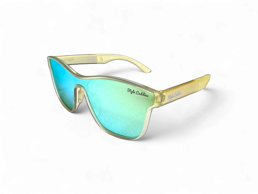 Gold on gold golf sunglasses side angle view