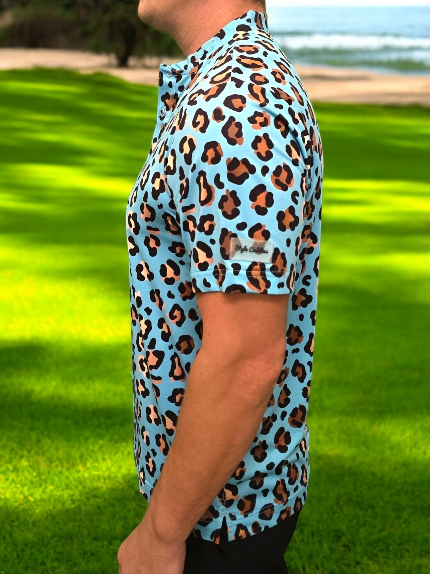 Style Caddies leopard collarless polo lifestyle shot