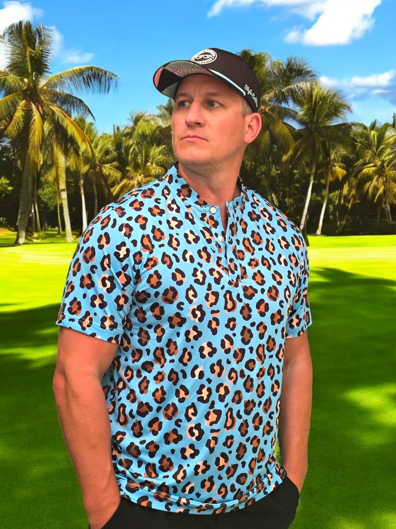 Golden spots leopard golf polo close up pattern detail