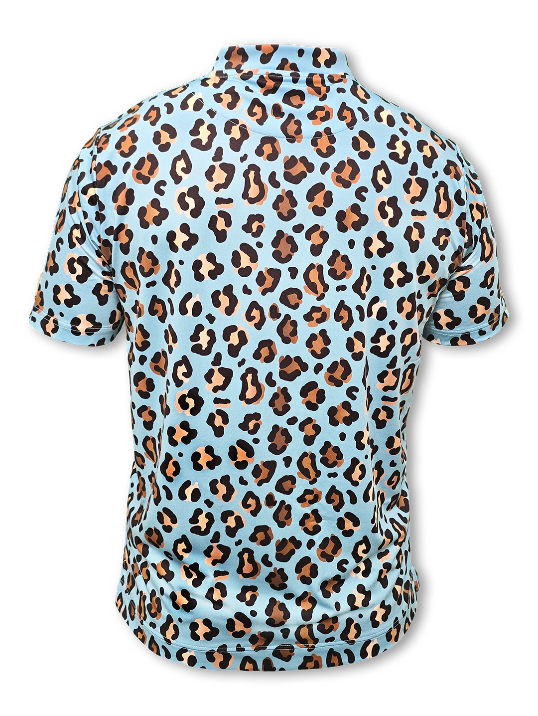 Golden spots leopard collarless golf polo side view