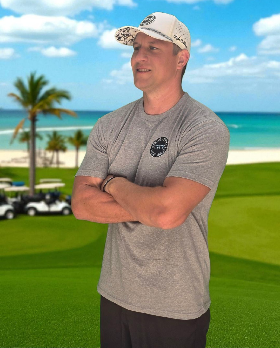 Grey CLE golf tee shirt close up logo detail