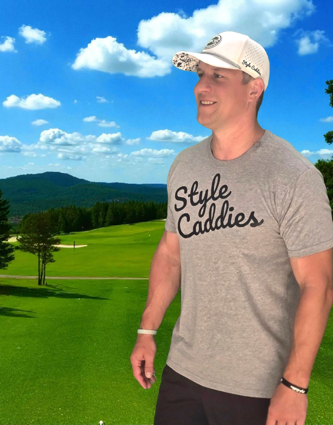 Heather grey Style Caddies tee close up logo detail