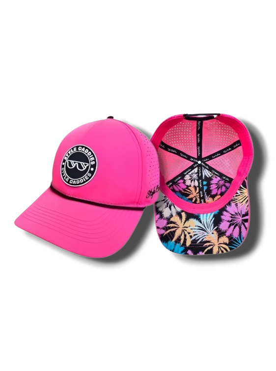 Hot pink Style Caddies golf rope hat with palm tree pattern underneath, front and inside views