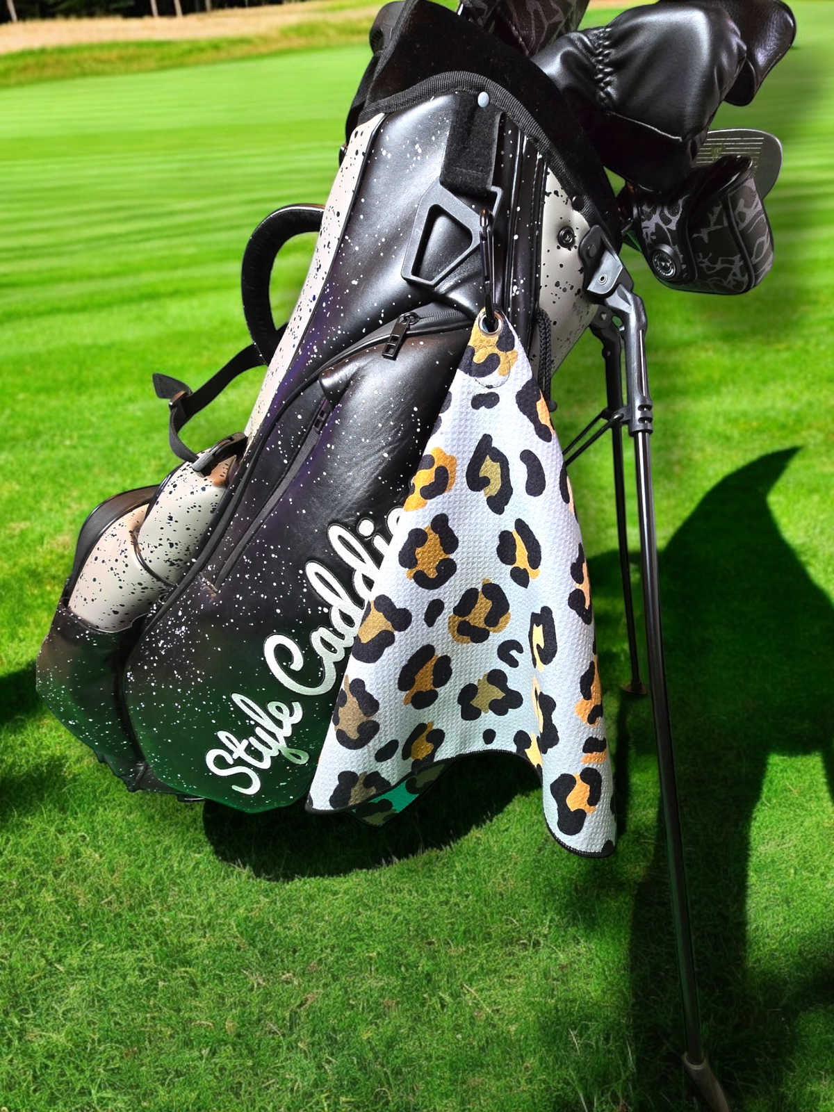 Leopard magnetic golf towel flat lay back
