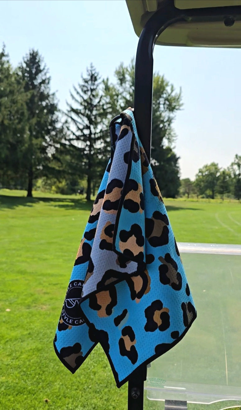 Leopard magnetic golf towel flat lay front