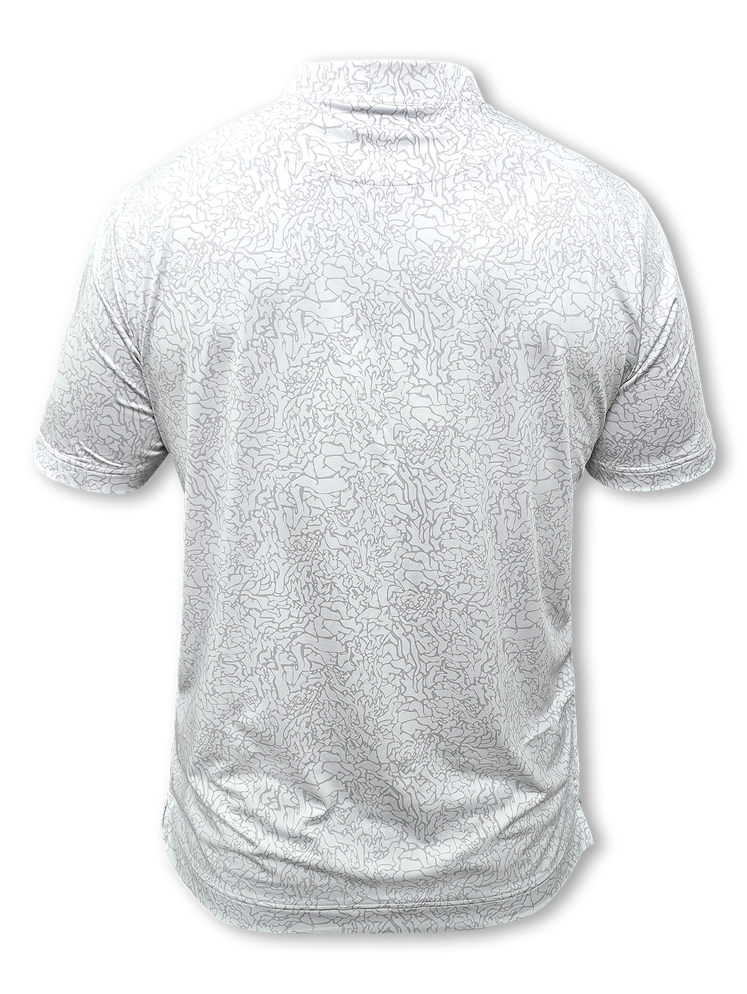 Light cement collarless golf polo side view