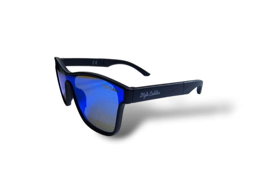 Midnight blue golf sunglasses side angle view