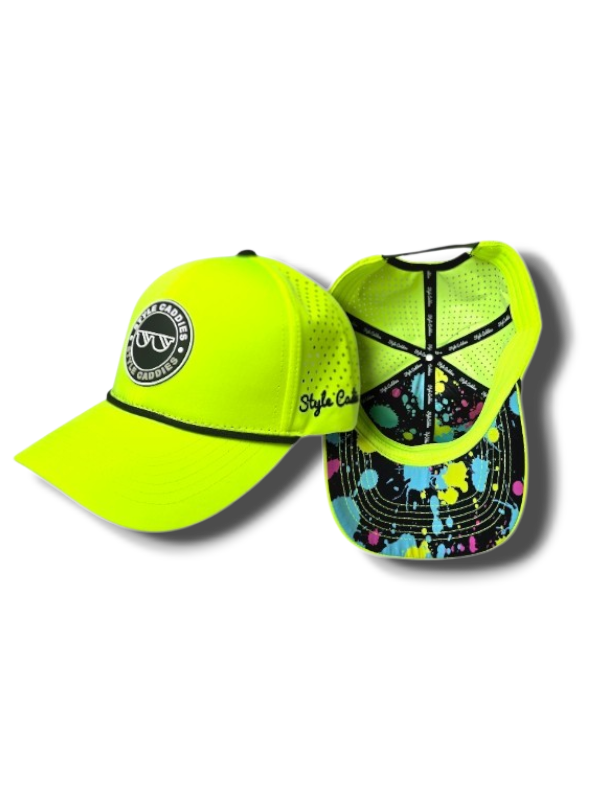 Neon yellow Style Caddies golf rope hat with colorful splatter underneath, front and inside views