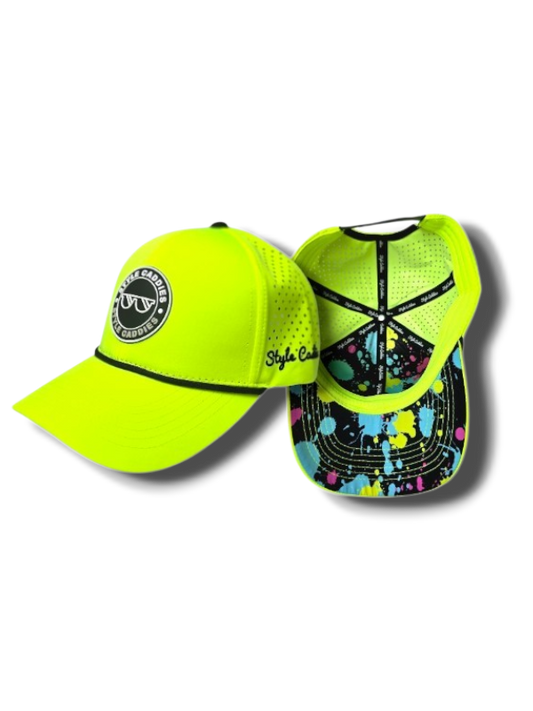 Neon yellow Style Caddies golf rope hat with colorful splatter underneath, front and inside views