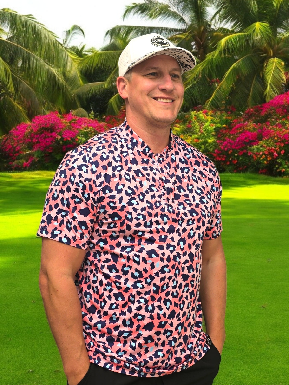 Pink leopard performance golf polo shirt back view