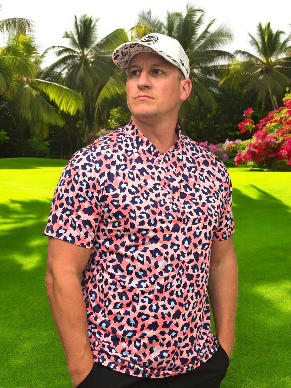 Style Caddies pink leopard golf polo lifestyle shot