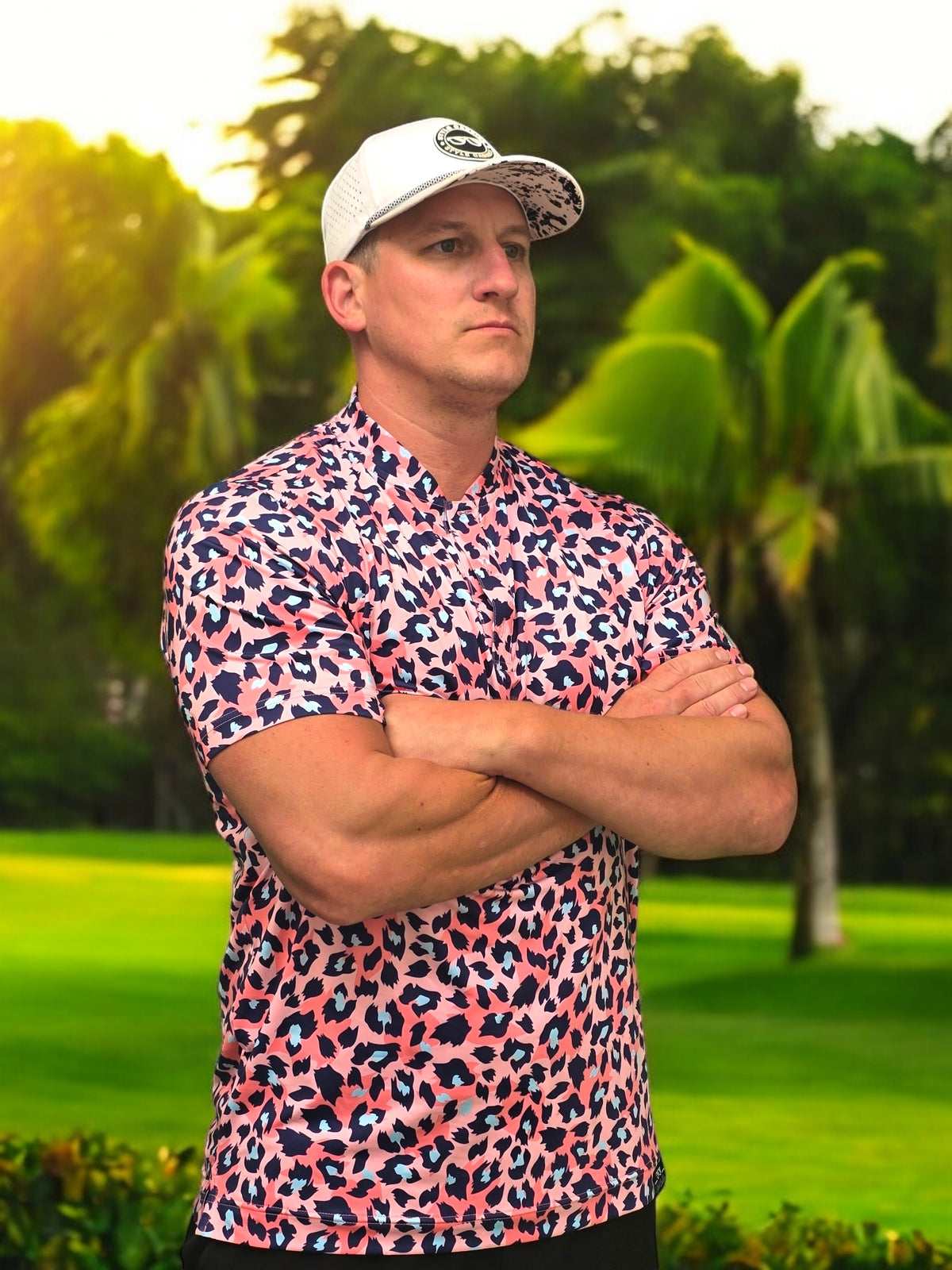 Pink leopard golf polo close up pattern detail