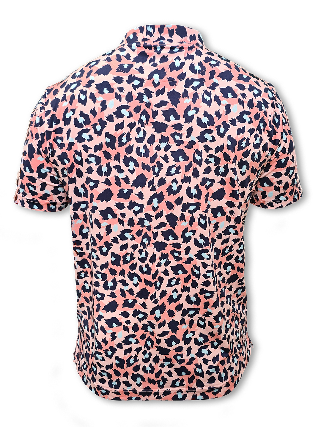 Pink leopard men's golf polo side view