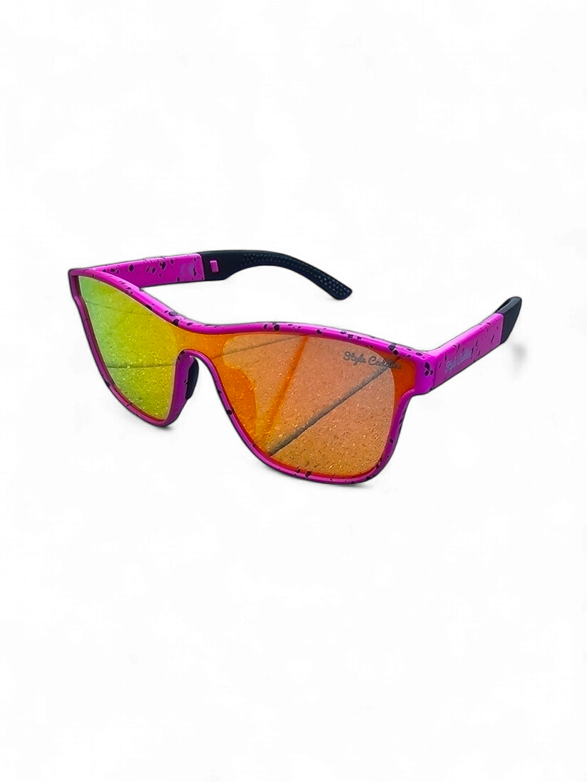 Pink paint splat golf sunglasses side angle view