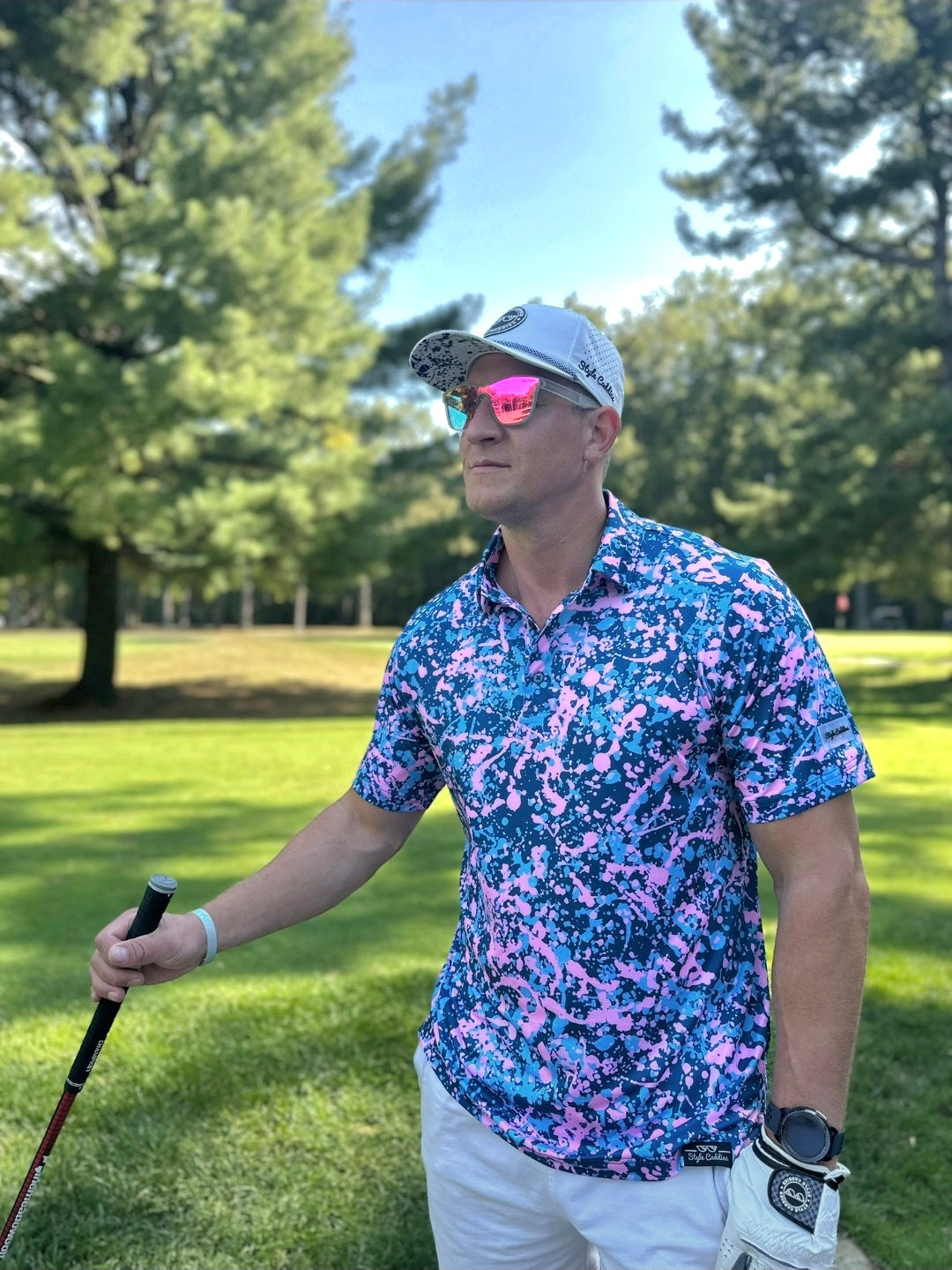 Style Caddies pink golf polo shirt lifestyle