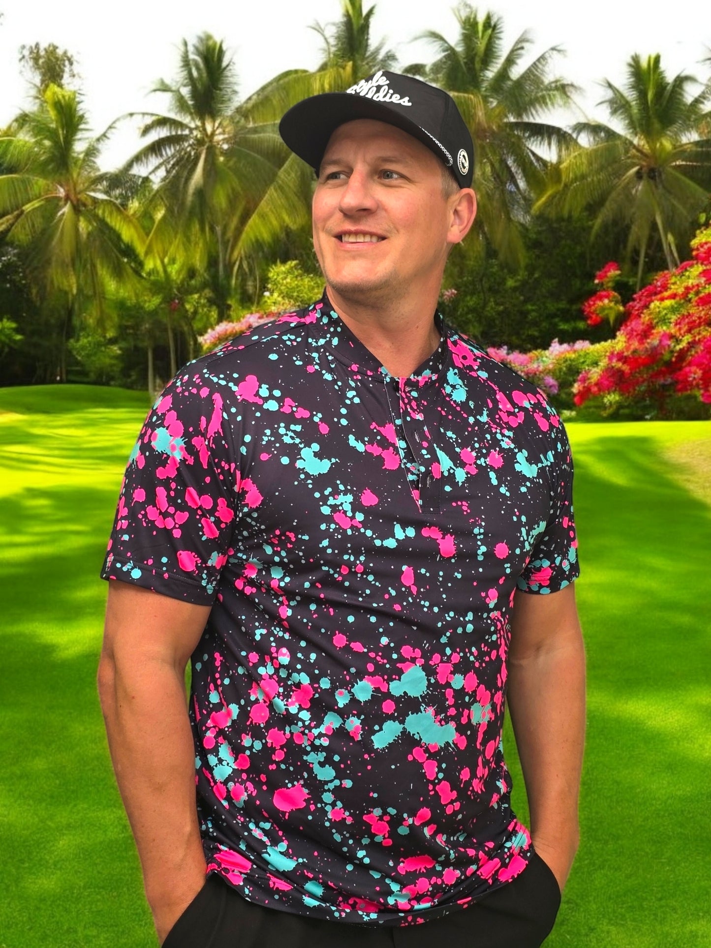 Pretty splat collarless golf polo back view