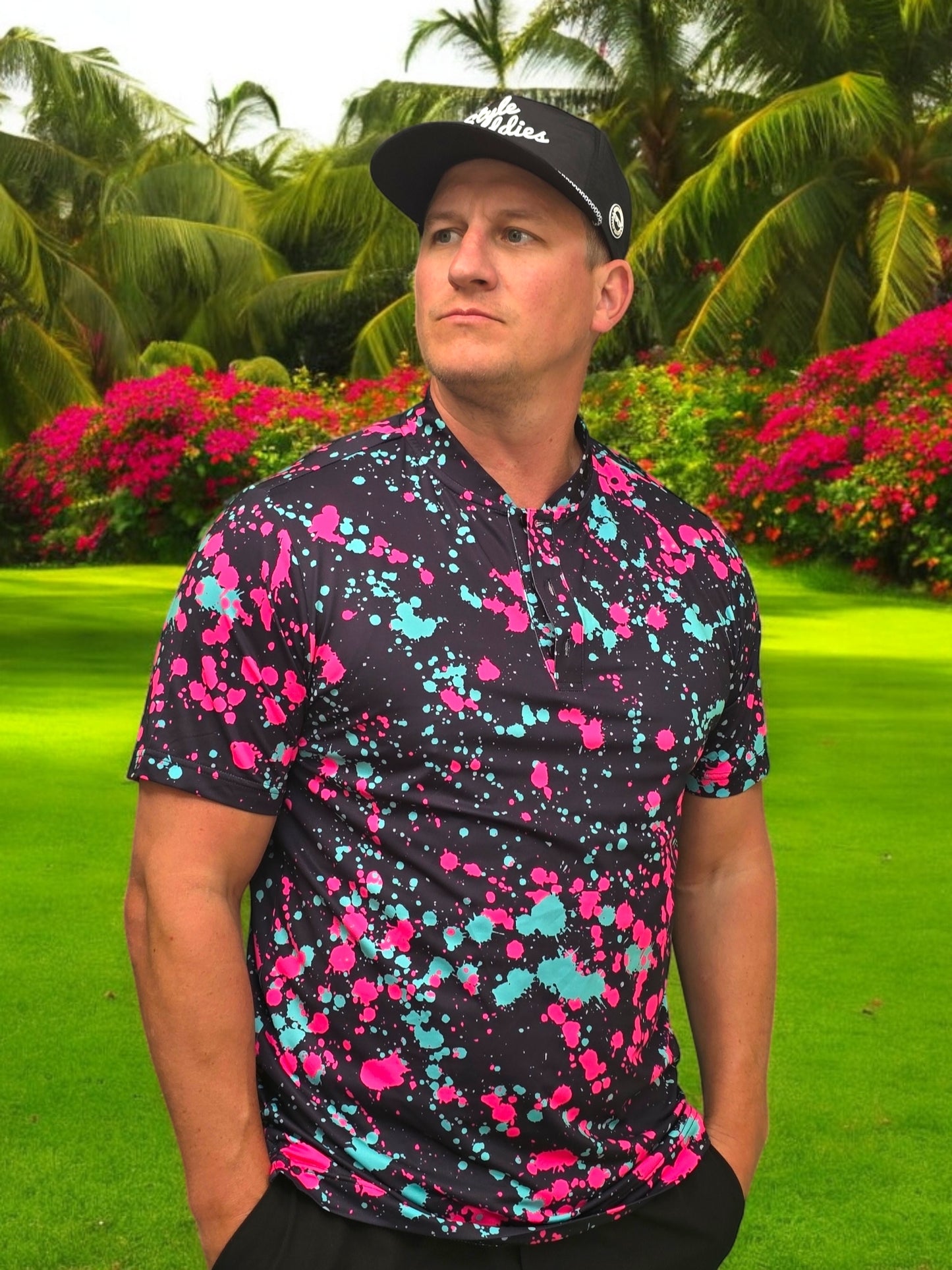 Pretty splat golf polo close up splat pattern detail