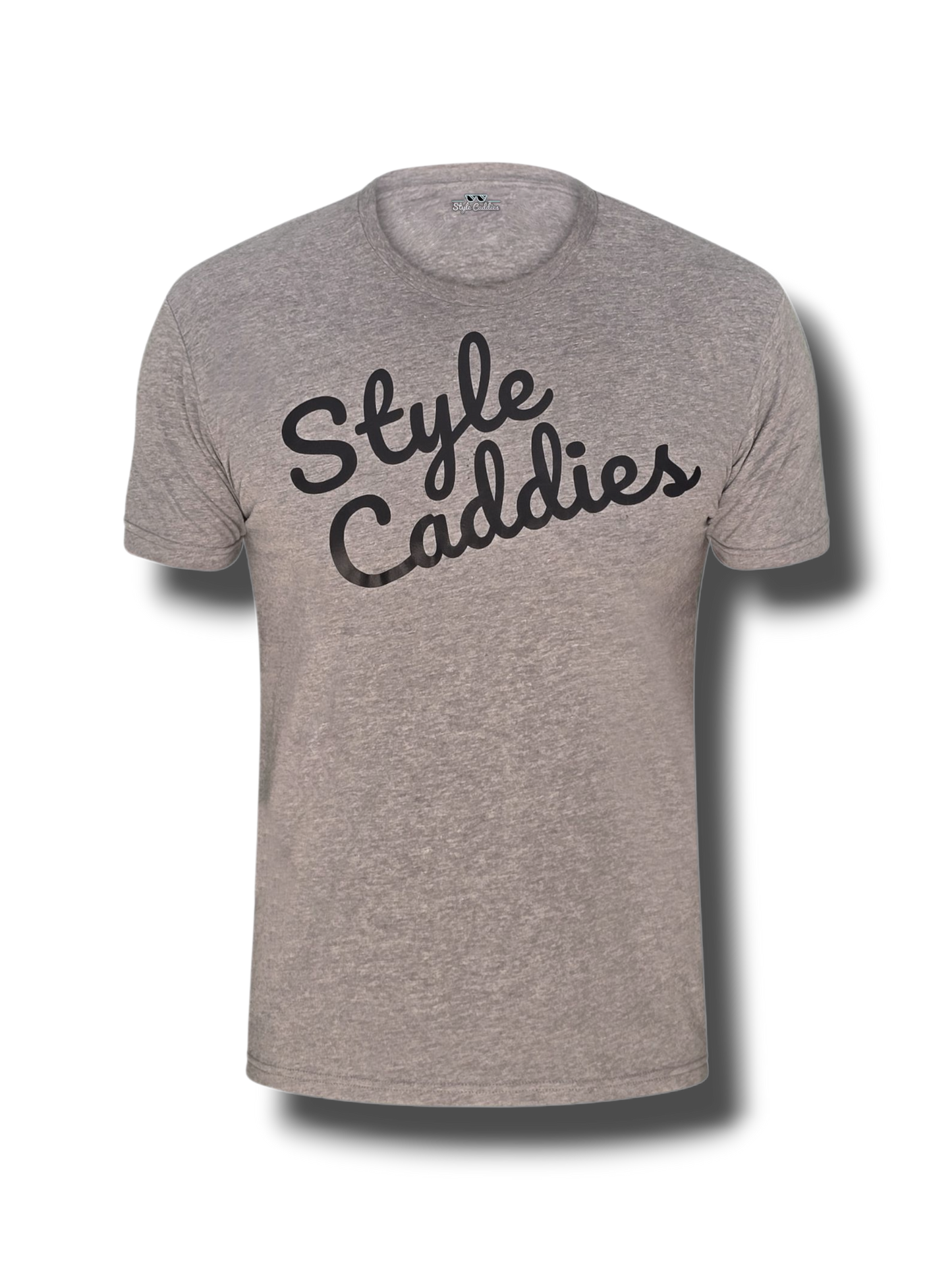 Gray t-shirt with 'Style Caddies' text on a white background