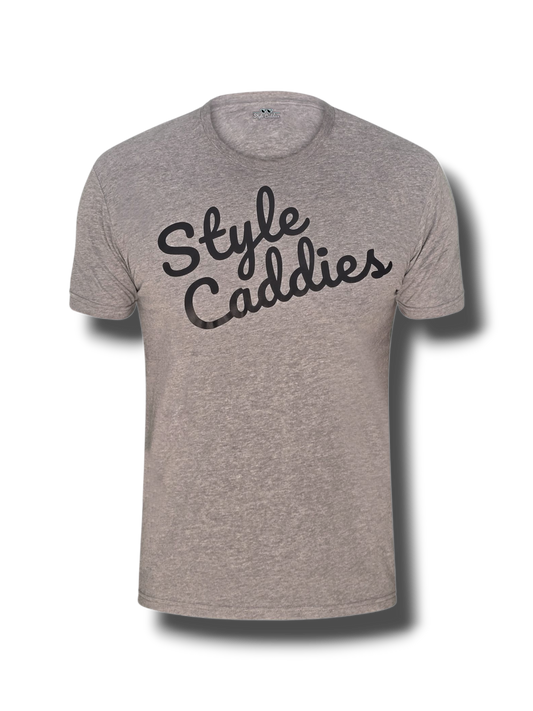 Gray t-shirt with 'Style Caddies' text on a white background