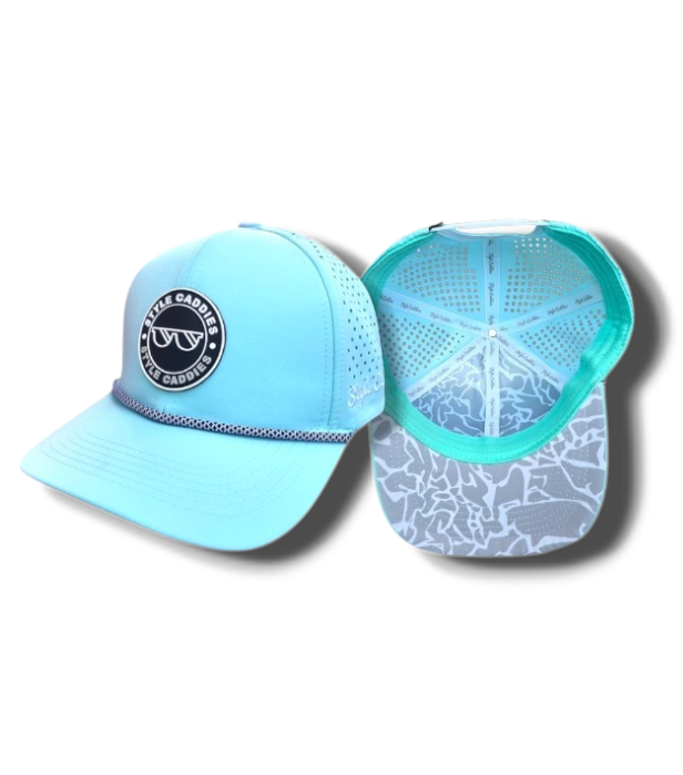 Tiffany blue Style Caddies golf rope hat with cement pattern underneath, front and inside views