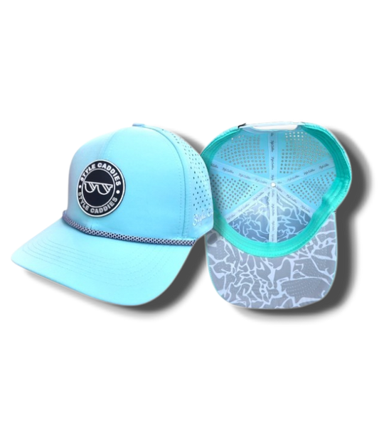 Tiffany blue Style Caddies golf rope hat with cement pattern underneath, front and inside views