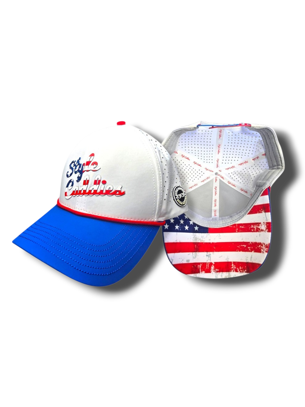 Red, white, and blue patriotic Style Caddies golf rope hat, front and inside views