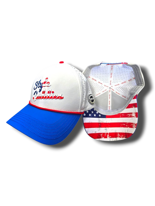 Red, white, and blue patriotic Style Caddies golf rope hat, front and inside views