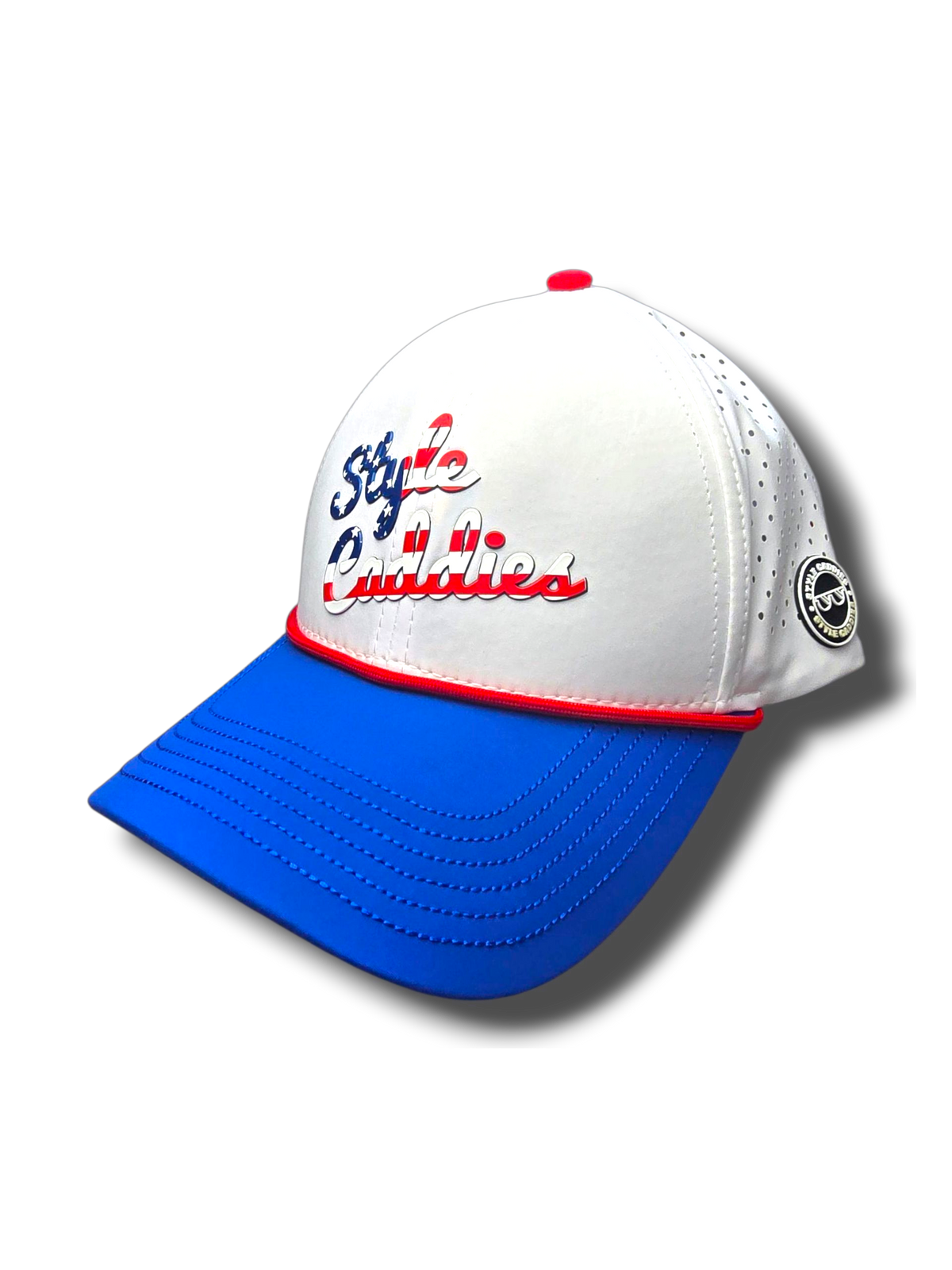 Red white and blue golf hat front view