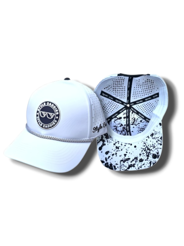 White Style Caddies golf rope hat with paint splatter underneath, front and inside views